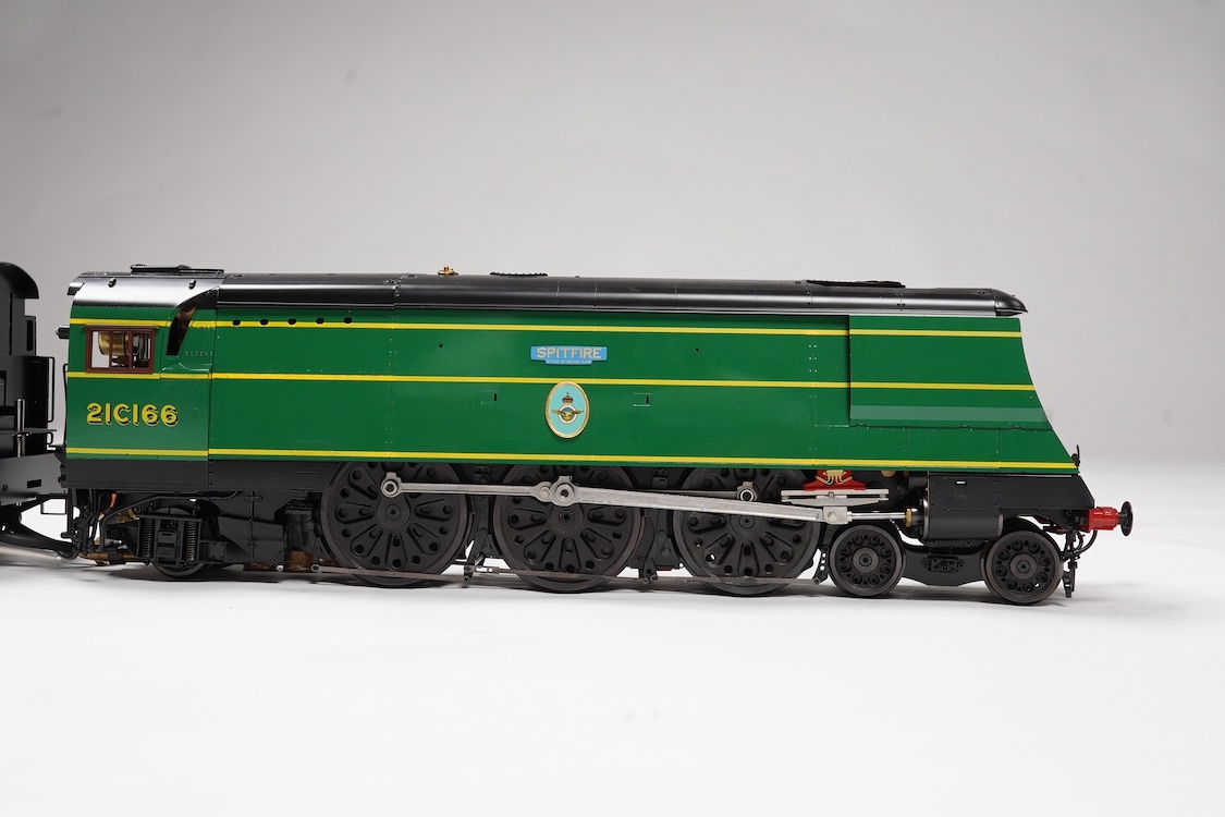 A Gauge One Aster Hobbies live steam Southern Railway Bulleid Battle of Britain Class, 4-6-2 tender locomotive, Spitfire 21C166, the factory ‘Built Up’ version, spirit fired working three cylinder motion, with assembly i